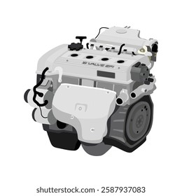 Simplified 3D style 1.6 liters 4 cylinders 16 valves double overhead camshaft programmed gasoline injected engine in Thai specs with joint for evaporative fuel vapor canister hose illustration vector.