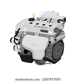 Simplified 3D style 1.6 liters 4 cylinders 16 valves double overhead camshaft programmed lean burn engine in EU late specs with single vacuum hose on dashpot and black small distributor vector.