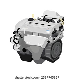 Simplified 3D style 1.6 liters 4 cylinders 16 valves double overhead camshaft lean burn gasoline engine in Japanese late specs with purge vacuum hose and twin ignition coil system illustration vector.