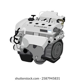 Simplified 3D style 1.6 liters 4 cylinders 16 valves double overhead camshaft programmed lean burn engine in EU early specs with single vacuum hose on dashpot and black small distributor vector.