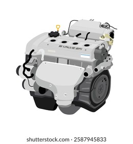 Simplified 3D style 1.6 liters 4 cylinders 16 valves double overhead camshaft lean burn fuel engine in Japanese mid period specs with purge vacuum hose and solenoid and distributor ignition vector.