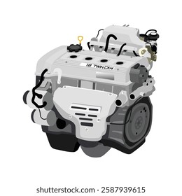 Simplified 3D style 1.8 liters 4 cylinders 16 valves double overhead camshaft gasoline injected engine in Taiwanese late specs with four vacuum hose on dashpot and EGR module illustration vector.