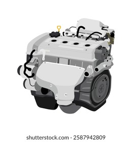 Simplified 3D style 1.8 liters 4 cylinders 16 valves double overhead camshaft gasoline injected engine in Japanese late specs with single purge vacuum hose and solenoid on dashpot illustration vector.