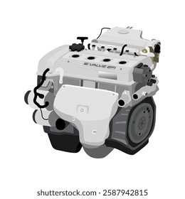 Simplified 3D style 1.8 liters 4 cylinders 16 valves double overhead camshaft programmed gasoline injected engine in global mid period specs with single vacuum hose on dashpot illustration vector.