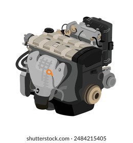 Estilo 3D simplificado 2 litros 4 cilindros doble árbol de levas 16 válvulas motor de gasolina en el tipo de inyección de combustible programado con tapa de válvula de oro claro ilustración Vector.