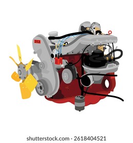Estilo 3D simplificado 2,1 litros 4 cilindros 8 válvulas único motor de eixo de cames de cabeça com sistema de injeção contínua mecânica com vetor de ilustração de ventilador de resfriamento amarelo de metal 6 fin.