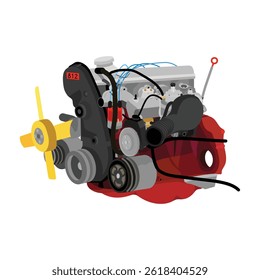 Vereinfachte 3D-Stil 2,1 Liter 4 Zylinder 8 Ventile Einzel-obenliegende Nockenwelle Motor mit Einzylinder-Seitenvergaser mit manueller Drossel mit schwarzem Nippel Vergaser Illustrationsvektor.