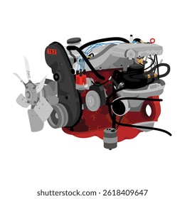 Estilo 3D simplificado 2,1 litros 4 cilindros 8 válvulas único motor de eixo de cames com injeção mecânica contínua com ventilador de resfriamento de metal de 6 nadadeiras incluem vetor de ilustração da válvula de frequência de combustível.