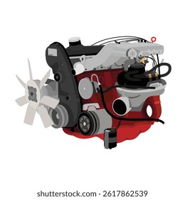 Simplified 3D style 2.3 liters 4 cylinders 8 valves single overhead camshaft engine with mechanical continuous injection system without secondary air injection illustration vector.