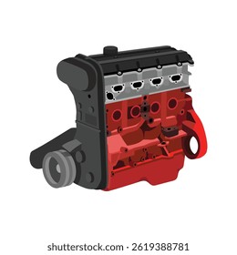 Simplified 3D style 2.3 liters 4 cylinders 16 valves double overhead camshaft engine short block without equipment in rear wheel drive layout with automatic timing belt tensioner illustration vector.