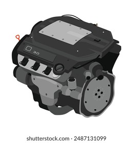 Vereinfachte 3D-Stil 3 Liter V6-Zylinder 24 Ventile Einfach obenliegende Nockenwelle Benzineinspritzung mit Spule auf Stecker Direktzündung in U.S. neueste Spezifikationen Illustration Vektorgrafik.