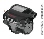 Simplified 3D style 3.2 liters V6 cylinders 24 valves single overhead camshaft gasoline injection with high compression ratio and direct ignition system in Japanese specs illustration vector