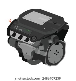 Vereinfachte 3D-Stil 3,2 Liter V6-Zylinder 24 Ventile Einfach obenliegende Nockenwelle Benzineinspritzung mit Spule auf Stecker Direktzündung System in U.S. spätes Jahr Spezifikationen Illustration Vektorgrafik