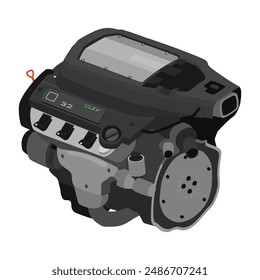 Vereinfachte 3D-Stil 3,2 Liter V6-Zylinder 24 Ventile Einfach obenliegende Nockenwelle Benzineinspritzung mit Spule auf Stecker Direktzündung System in U.S. frühe Spezifikationen Illustration Vektorgrafik