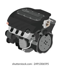 Vereinfachter 3D-Stil 3,2 Liter V6-Zylinder 24 Ventile Einfache obenliegende Nockenwellen-Benzineinspritzung mit High Flow dunkelgrauem Ansaugkrümmer und schwarzer voller oberer Kunststoffabdeckung Illustration Vektorgrafik.