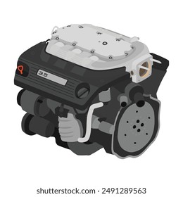 Vereinfachte 3D-Stil 3,5 Liter V6-Zylinder 24 Ventile Einfache obenliegende Nockenwellen-Benzineinspritzung mit hohem Durchfluss Silber Ansaugkrümmer Illustration Vektorgrafik.