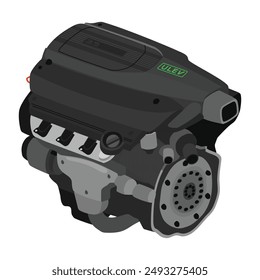 Vereinfachter 3D-Stil 3,5 Liter V6-Zylinder 24 Ventile Einfache obenliegende Nockenwellen-Benzineinspritzung mit großem Ansaugkrümmerschwarzdeckel, der auf der ultra-emissionsarmen Standard-Illustrations-Vektorgrafik läuft.