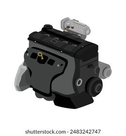 Estilo 3D simplificado 4 cilindros doble árbol de levas en culata 16 válvulas motor de gasolina en el tipo de inyección de combustible programado con la tapa de la válvula negra y el colector de escape Vector de la ilustración de la pantalla térmica.