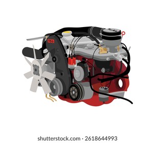 Simplified 3D style gasoline 2.1 liters 4 cylinders 8 valves single overhead camshaft engine with mechanical continuous injection system with turbocharged illustration vector.