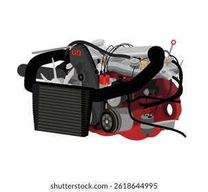 Simplified 3D style gasoline 2.1 liters 4 cylinders 8 valves single overhead camshaft engine with mechanical continuous injection system with turbocharged illustration vector.