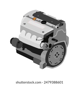 Motor de gasolina de doble árbol de levas de culata de 4 cilindros incluido, colector de escape plateado y tapa de bobinas de encendido en negro, con Vector de ilustración de orificio de admisión corto.