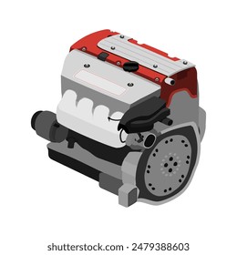 Motor de gasolina simplificado de 4 cilindros con doble árbol de levas en culata con tapa de válvula roja incluida, colector de escape plateado y tapa de bobinas de encendido negras equipadas con Vector de ilustración de puerto de admisión corto.