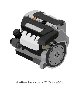 Motor de gasolina de 4 cilindros, doble árbol de levas en culata, simplificado con colector de escape en corto negro y Vector de ilustración de la tapa de las bobinas de encendido.