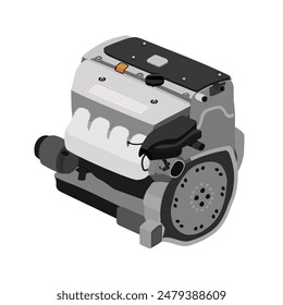 Motor de gasolina simplificado de 4 cilindros con doble árbol de levas en culata, colector de escape negro y tapa de las bobinas de encendido, equipado con Vector de ilustración de la tapa del módulo del acelerador.