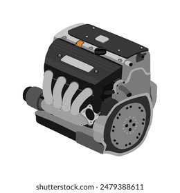 Motor de gasolina de 4 cilindros, doble árbol de levas en culata, simplificado con colector de escape largo negro y Vector de ilustración de la tapa de las bobinas de encendido lisas.