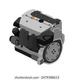 Motor de gasolina simplificado de 4 cilindros con doble árbol de levas en culata, colector de escape plateado y tapa negra de las bobinas de encendido, provista de Vector ilustrativo de la tapa del módulo del acelerador y de la dirección asistida.