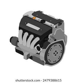 Motor de gasolina de 4 cilindros, doble árbol de levas en culata, simplificado con colector de escape largo negro y Vector de ilustración de la tapa de las bobinas de encendido.