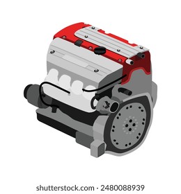 Motor de gasolina simplificado de 4 cilindros con doble árbol de levas en culata, con tapa de válvula roja incluida, colector de escape plateado y tapa de bobinas de encendido plateada, equipada con Vector de ilustración de admisión de brazo corto.