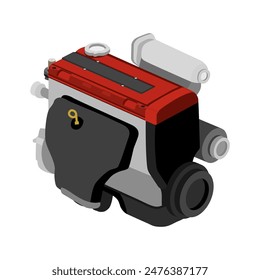 Simplificado 4 cilindros 16 válvulas doble arriba árbol de levas motor de gasolina de combustión interna con tapa de válvula roja y negra y colector de escape negro escudo térmico y plata tapa de aceite ilustración.