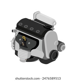 Simplificado 4 cilindros 16 válvulas doble árbol de levas de combustión interna motor de gasolina con tapa de válvula roja y negra y Vector de ilustración del sensor de temperatura de los gases de escape.