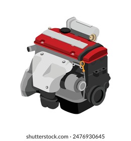 Simplificado 4 cilindros 16 válvulas doble árbol de levas de combustión interna motor de gasolina con tapa de válvula roja y la distribución de la válvula y elevación y gran Vector de ilustración del modulador de vacío de oro.