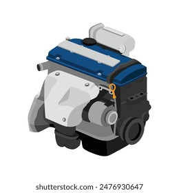 Simplificado 4 cilindros 16 válvulas doble arriba árbol de levas motor de gasolina de combustión interna con tapa de válvula azul y la distribución de la válvula y elevación y Pequeño Vector de ilustración de modulador de vacío plateado.