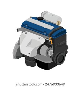 Simplificado 4 cilindros 16 válvulas doble árbol de levas de combustión interna motor de gasolina con tapa de válvula azul y la distribución de la válvula y elevación incluyen gran Vector de ilustración de modulador de vacío de oro.