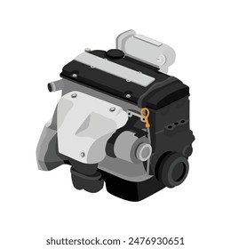 Simplificado 4 cilindros 16 válvulas doble arriba árbol de levas motor de gasolina de combustión interna con tapa de válvula negra y la distribución de la válvula y elevación y Pequeño Vector de ilustración de modulador de vacío plateado.