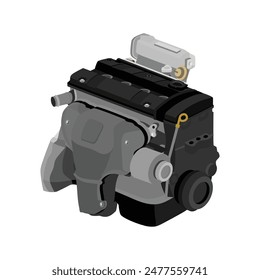 Simplificado 4 cilindros 16 válvulas doble árbol de levas de combustión interna motor de gasolina con tapa de válvula negra y escudo térmico de escape gris incluido Vector de ilustración de modulador de vacío dorado.