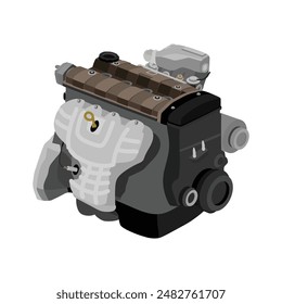 Simplificado 4 cilindros 16 válvulas doble árbol de levas de combustión interna motor de gasolina con patrón de rayas marrón claro tapa de la válvula con Vector de ilustración modulador de recirculación de gases de escape.