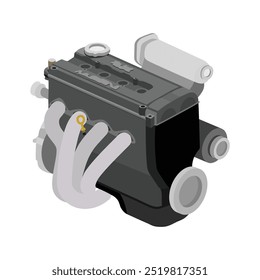 Simplificado 4 cilindros 16 válvulas doble árbol de levas en cabeza motor de gasolina de combustión interna con tapa de válvula gris de rendimiento y cabezal de escape cromado Vector de ilustración de tapa de aceite plateado.