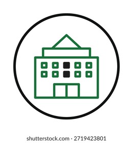 Um ícone de arquitetura simplificado apresenta um edifício com um design limpo e geométrico. O seu contorno mínimo representa uma administração municipal, uma estrutura cívica ou mesmo uma sede social,