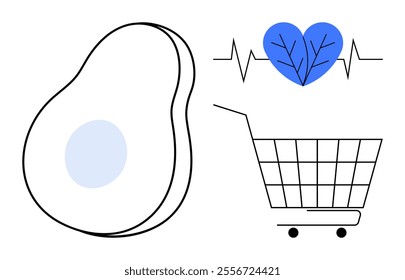 Simplified art of an avocado with blue pit, heartbeat line with blue heart symbol, and shopping cart. Ideal for health, nutrition, grocery shopping, wellness, and healthy lifestyle themes. Modern