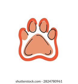 A simplified artistic paw print graphic with a bold orange outline and light tan fill isolated on white background