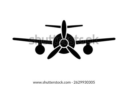 A simplified black airplane silhouette faces forward against a white background, showcasing a prominent propeller and spherical landing gear. The tail section is clearly defined.