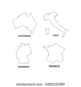 Líneas de puntos negros simplificadas de Australia, Francia, Italia, Alemania Mapa Diseño de Concepto Vector.