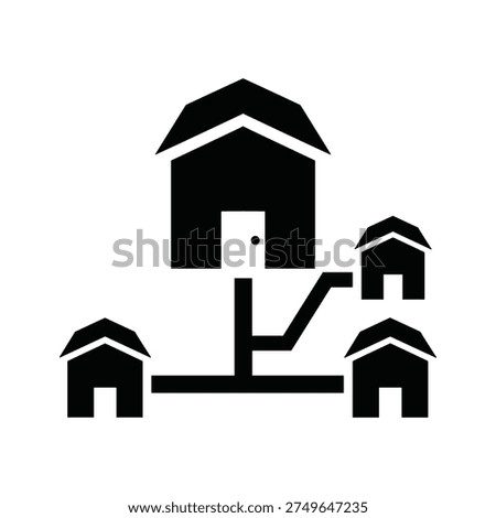 A simplified black icon illustrating interconnected houses forming a network. This symbol represents concepts like community, shared infrastructure, real estate development, or a distributed system.