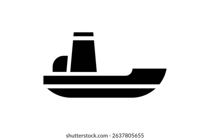 Simplified black icon of a tugboat with a visible smoke stack, deck, and cabin on a clean white backdrop, perfect for maritime-themed visuals.
