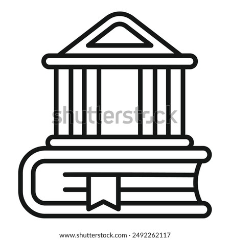 Simplified black line icon depicting a courthouse building on a book, symbolizing legal knowledge
