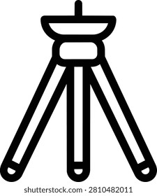 A simplified black line illustration of a three-legged camera tripod with a mounting head. Ideal for photography websites, tutorial videos, or camera equipment catalogs.